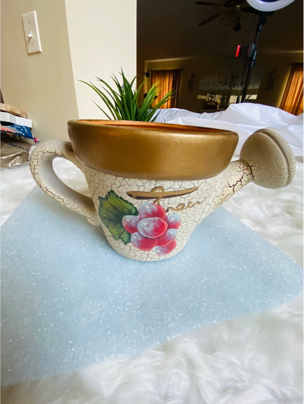 Vintage Ceramic Beige Watering Can Grape Design Gold Rim